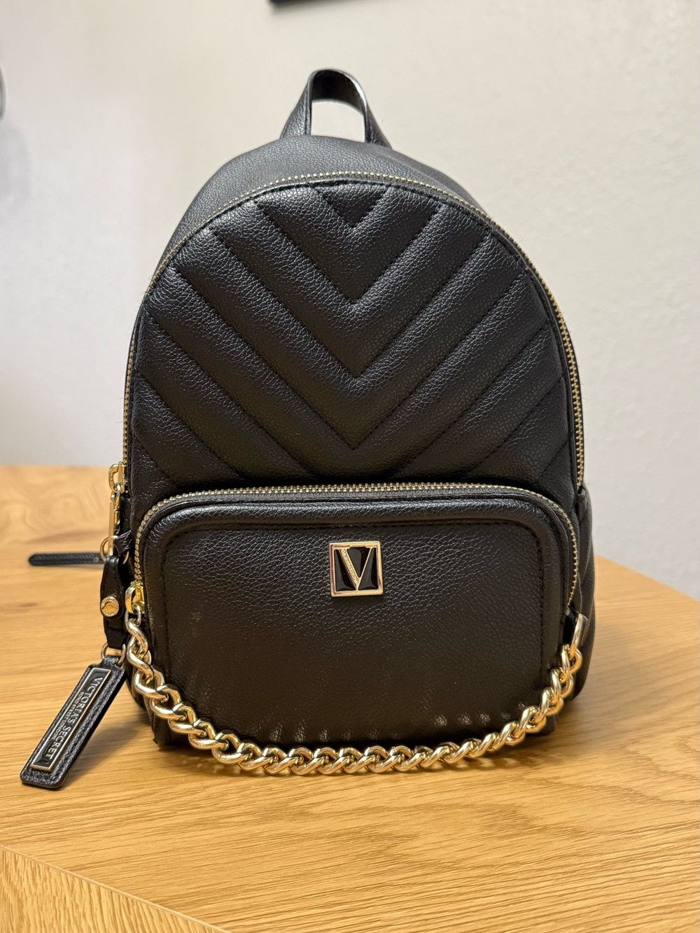 Victoria's Secret Black Quilted Mini Backpack with Gold Chain Trim